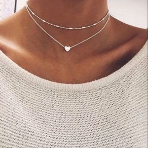 2 Tier Heart Pendant Bead Beaded Layering Layered Choker Necklace Gold Silver